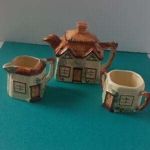 Minature Cottage Teapot,sugar & Creamer Handpainted Keele St.Pottery Co.Ltd. Eng